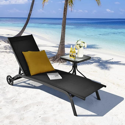 Giantex Patio Lounge Chairs for Pool Area, Outdoor Chaise Lounger with 6 Adjustable Position Smooth Wheels and Quick-Drying Fabric, Lawn Recliner for Backyard, Garden Sunbathing Chair (2, Black)