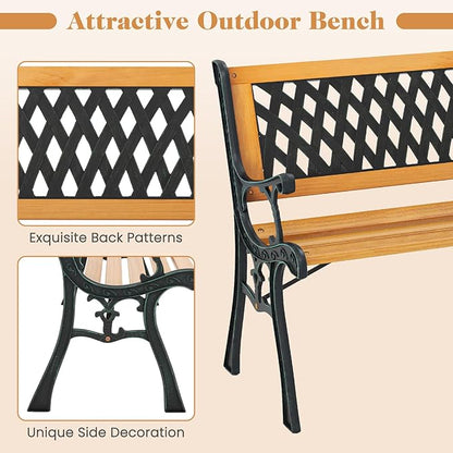 Giantex 49.5" 3-Person Outdoor Bench with Lattice Pattern Backrest, 470 Lbs Capacity, Slatted Seat, Curved Armrests, Cast Iron Metal Bench for Garden, Outside, Patio, Porch, Yard, Park