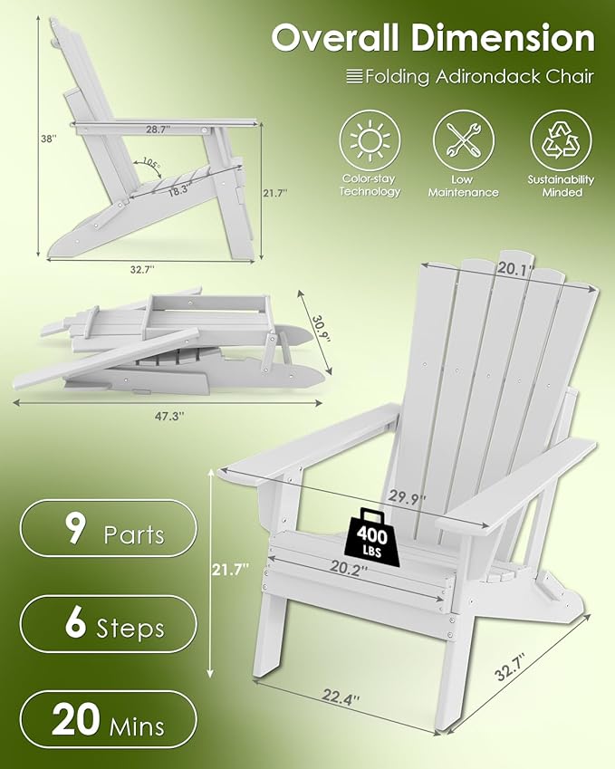 GREENVINES Folding-Adirondack-Chairs-Set-of-2 | HDPE Plastic | Throne Series | Fire Pit Chair | All Weather | for Outdoor Patio Deck Backyard Poolside | White