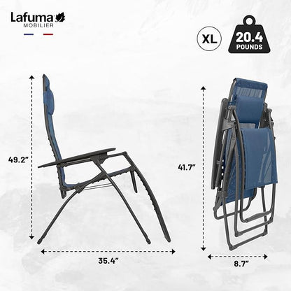 Lafuma Futura XL Zero Gravity Portable Ergonomic Outdoor Steel Framed Lawn Patio Recliner Folding Lounge Chair with Headrest Cushion, Ocean Blue