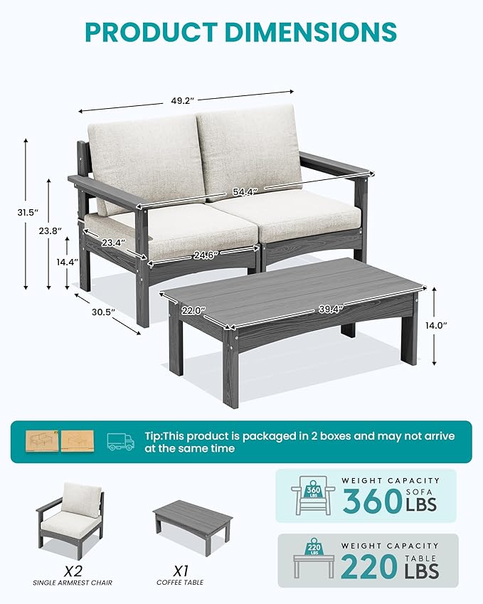 SERWALL 3 Pieces Patio Sofas, All-Weather Outdoor Couch Sectional Set - Photo 2