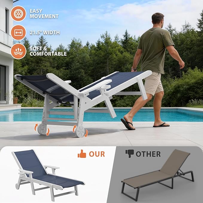 Outdoor Chaise Lounge Chair with Table Set of 3, 5-Position Adjustable Pool Lounge Chair with Wheels & Cup Holder - Photo 4