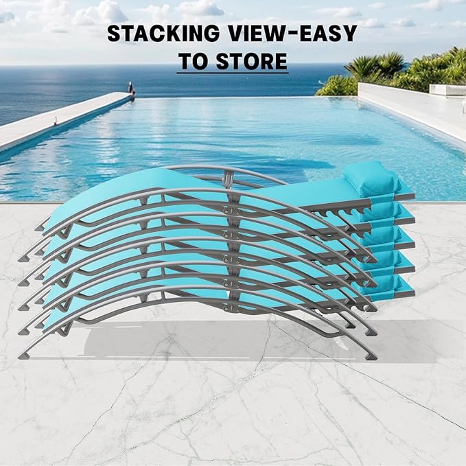 Domi Pool Lounge Chairs Set of 3, Adjustable Aluminum Outdoor Chaise Lounge Chairs with Metal Side Table, All Weather for Deck Lawn Poolside Backyard -Lake Blue Textilene