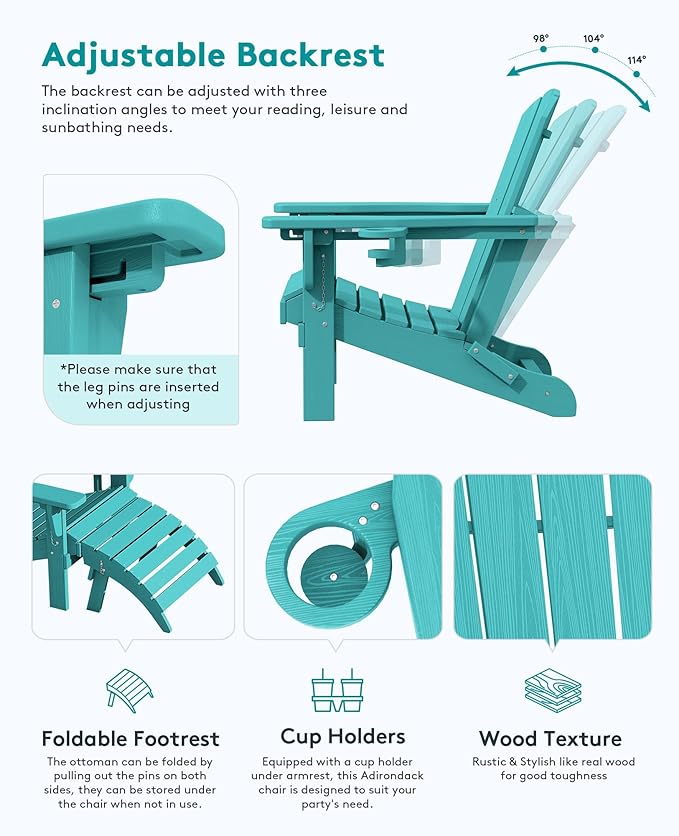 SERWALL 5-Piece Folding Adirondack Chair and Ottoman and Table Set, HDPE Adjustable Adirondack Chairs Set, Aruba - Photo 2