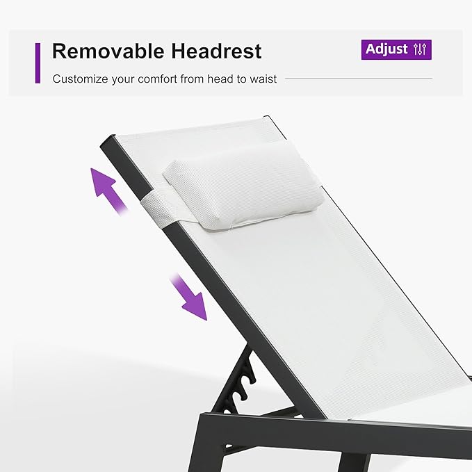 PURPLE LEAF Outdoor Lounge Chair Set of 3 Patio Chaise Pool Lounger Aluminum Frame with Side Table and Wheels for - Photo 5