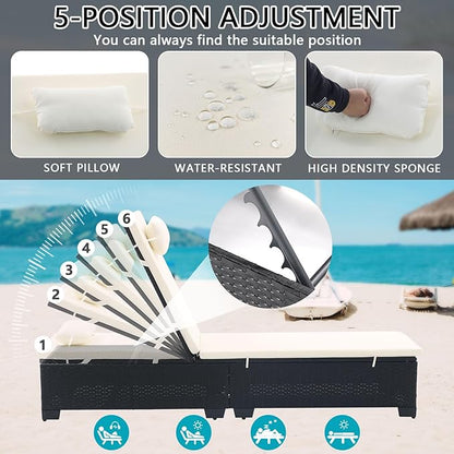 3 PCS Patio Chaise Lounge with Coffee Table Cushion&Pillow Outdoor Lounge Chair Chaise Lounger Patio Reclining Chair 5 Angle Adjustment Black PE Rattan for Courtyards Poolside (Beige)