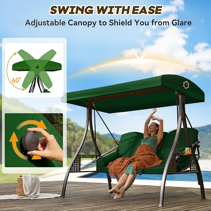 3 in 1 Outdoor Porch Swing with Adjustable Canopy, 3 Seat Outdoor Swing for Adults - Photo 4
