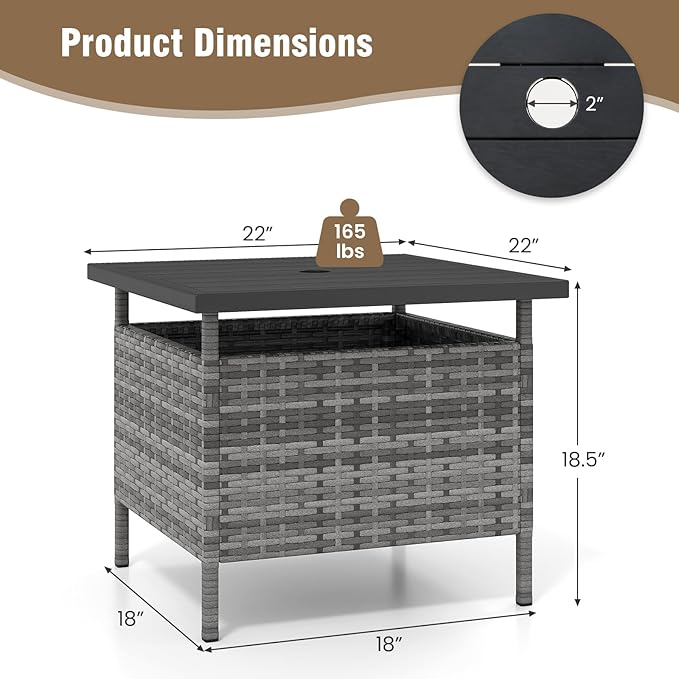 Tangkula Outdoor Wicker Table, Rattan Coffee Table with Umbrella Insert Hole, HDPE Tabletop & Sturdy Metal Frame, Patio Umbrella Side Table Stand for Backyard, Garden, Poolside (Mix Grey)
