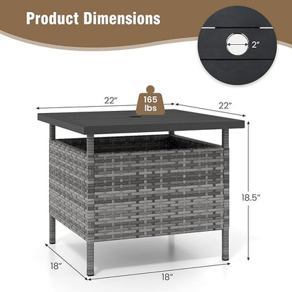 Tangkula Outdoor Wicker Table, Rattan Coffee Table with Umbrella Insert Hole, HDPE Tabletop & Sturdy Metal Frame, Patio Umbrella Side Table Stand for Backyard, Garden, Poolside (Mix Grey)