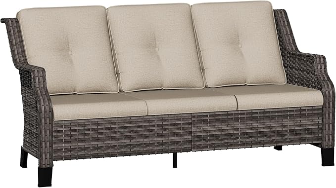 Outdoor Patio Sofa Wicker 3 Seater Sofa, Rattan Couch with Deep Seat and Olefin Cushions, High Backrest, All-Weather for Balcony, Deck, Backyard