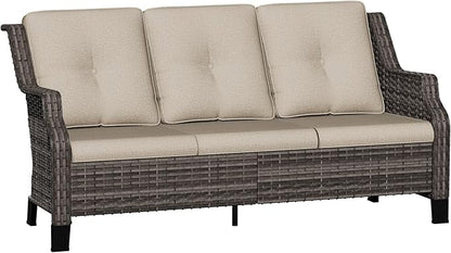 Outdoor Patio Sofa Wicker 3 Seater Sofa, Rattan Couch with Deep Seat and Olefin Cushions, High Backrest, All-Weather for Balcony, Deck, Backyard