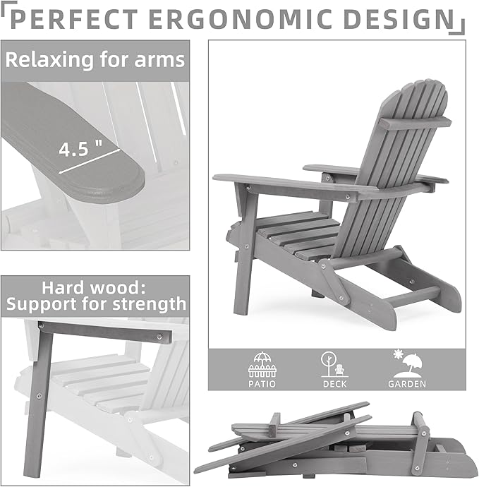 SoliWood Outdoor Wooden Folding Adirondack Chair Set of 4 with Pre-Assembled BackRest, Wood Patio Chair for Garden Backyard Porch Pool Deck Firepit