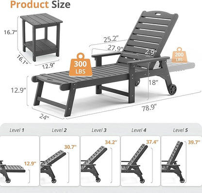 LUE BONA Lounge Chair Outdoor with Table, 2-Piece, HDPS Chaise Lounge Outdoor with Wheels, 5 Positions Adjustable Pool Lounger Chairs for Outside, Patio, Dark Gray