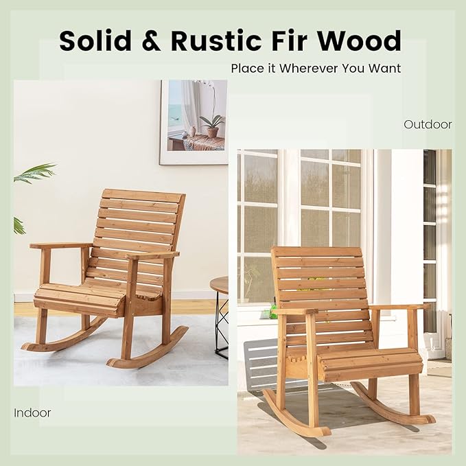 Giantex Wood Rocking Chair Outdoor - Outside Rocker with High Backrest, Wide Armrests, 330 Lbs Weight Capacity, Patio Rocking Chairs for Lawn, Backyard, Indoors, Deck, Garden, Porch Chair (1, Natural)