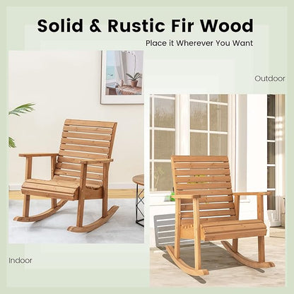 Giantex Wood Rocking Chair Outdoor - Outside Rocker with High Backrest, Wide Armrests, 330 Lbs Weight Capacity, Patio Rocking Chairs for Lawn, Backyard, Indoors, Deck, Garden, Porch Chair (1, Natural)