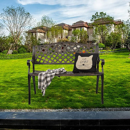 40.5in Outdoor Cast Aluminum Porch Benches,Weatherproof Patio Park Bench,Outside Leisure Bench,Outdoor Garden Park Bench,with Mesh Backrest,for Lawn, Deck, Path, Backyard, Entryway (Bronze)