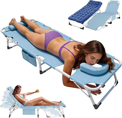 ABORON 4-in-1 Lounge Chair with Face & Arm Holes for Tanning, 440LB Heavy-Duty Folding Recliner with Plush Cotton Cushion, No Assembly Tri-Fold Guest Bed for Sunbathing, Poolside, Office Nap & Camping