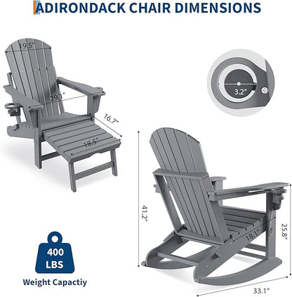GarveeLife Adirondack Outdoor Rocking Chairs for Porch, Folding Adirondack Rocker Chair With Two Cup Holders, HDPE All Weather Outdoor Adirondacks Rocking Chair
