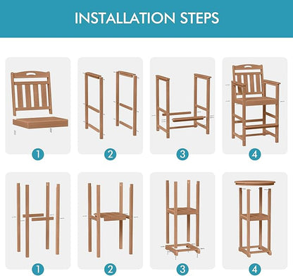 Ciokea 3-Pcs Bistro Table and Chairs, All-Weather Round High Top Bar Table with Storage Shelf and 2 Oversized Adirondack Chairs, Heavy Duty Outdoor Bar Set Patio Bistro Set for Balcony Deck, Teak