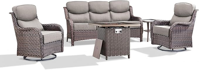 Luxury Patio Furniture Set with 6-inch Thick Cushion, Outdoor Furniture with Fire Pit Table, Swivel Chairs, Side Table - Photo 7