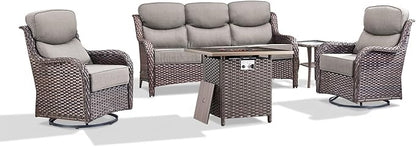 Luxury Patio Furniture Set with 6-inch Thick Cushion, Outdoor Furniture with Fire Pit Table, Swivel Chairs, Side Table, Sofa, 5pcs Wicker Conversation Set for Deck Yard and Poolside(Grey)