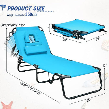Goplus Tanning Chair, Folding Beach Lounge Chair with Face Hole, Removable Pillow, Carry Strap, Position Adjustable, Sunbathing Chair, Portable Outside Lounge Chair for Patio Pool