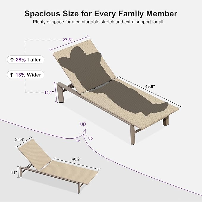PURPLE LEAF Oversize Patio Wicker Chaise Lounge 2 Piece, Aluminum Outdoor Pool Lounge Chair with Adjustment Backrest, Breathable Lounger Sunbath Tanning Recliner for Poolside, Garden, Khaki