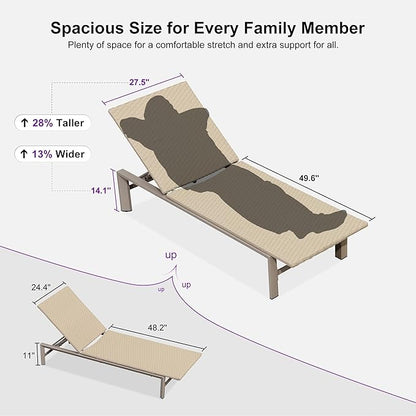 PURPLE LEAF Oversize Patio Wicker Chaise Lounge 2 Piece, Aluminum Outdoor Pool Lounge Chair with Adjustment Backrest, Breathable Lounger Sunbath Tanning Recliner for Poolside, Garden, Khaki