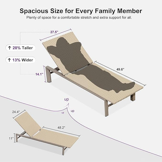 PURPLE LEAF Oversize Patio Wicker Chaise Lounge 2 Piece, Aluminum Outdoor Pool Lounge Chair with Adjustment Backrest, Breathable Lounger Sunbath Tanning Recliner for Poolside, Garden, Khaki