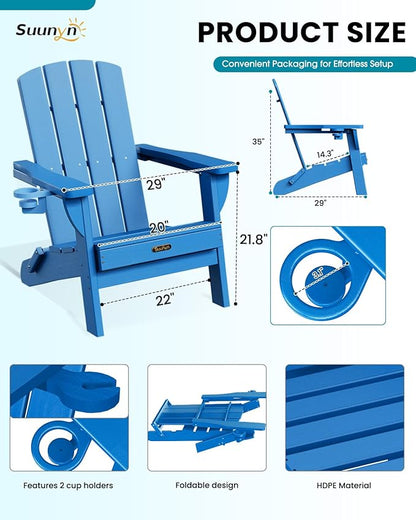 Folding Adirondack Chair 2 Pack, HDPE All-Weather Fire Pit Chairs, Plastic Adirondack Chairs with 2 Cup Holder, Outdoor Lawn Chair for Patio Garden (Royal Blue)