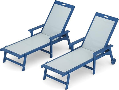 LUE BONA Chaise Lounge Chair Outdoor, HDPS and HDPE Wicker Chaise Lounger with 5 Positions, Pool Lounge Chairs with Wheels and Adjustable Backrest for Patio, Poolside, Deck, Backyard