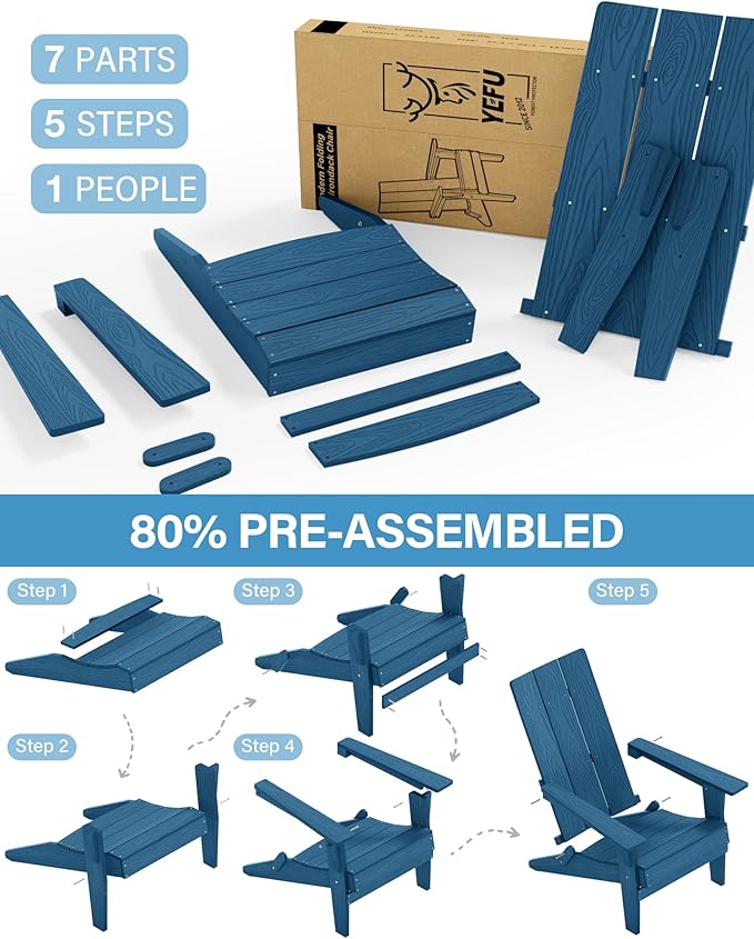 YEFU Adirondack Chairs Oversize Folding :400lb Weight Capacity - Plastic Adirondack Chairs - High Back Modern Like Wooden - All-Weather Use for Outdoor/Patio/Fire Pit/Garden/Camping - (Navy)
