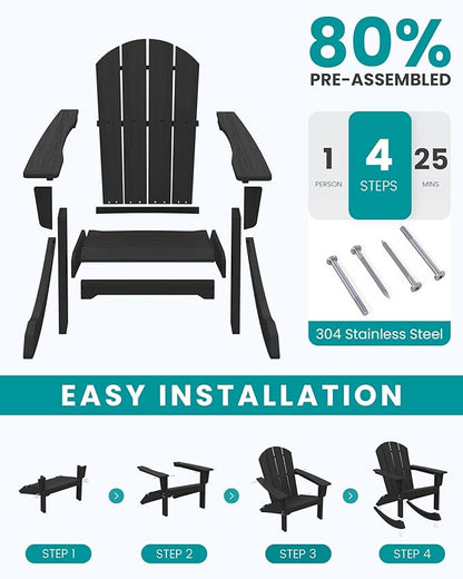 SERWALL Outdoor Adirondack Rocking Chairs Set of 6, All-Weather HDPE Adirondack Rocker Chair, Front Porch Rocker Chairs for Patio Lawn Porch Deck, Black