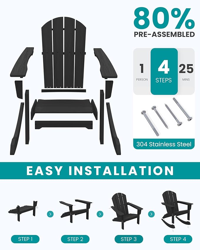 SERWALL Outdoor Adirondack Rocking Chair, All-Weather HDPE Porch Rocker Chair, Patio Adirondack Rocker Chair for Lawn Porch Deck, Black