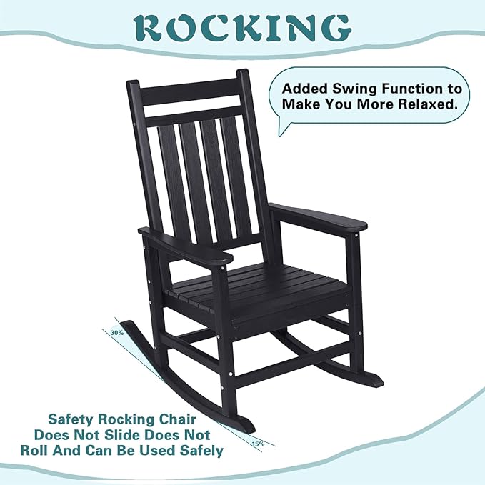 Outdoor Rocking Chair for Adults, High Back Patio Rocking Chair, HDPE All Weather Resistant Porch Rocker for Lawn, Porch, Backyard, Indoor and Garden (Black)
