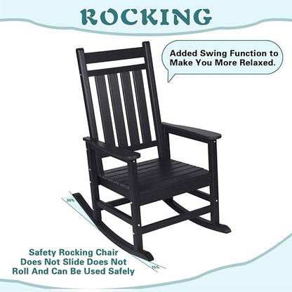 Outdoor Rocking Chair for Adults, High Back Patio Rocking Chair, HDPE All Weather Resistant Porch Rocker for Lawn, Porch, Backyard, Indoor and Garden (Black)