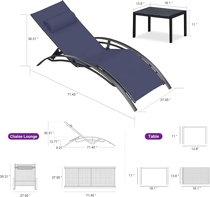 PURPLE LEAF Patio Oversized Chaise Lounge Chair Set with Side Table Pool Adjustable Recliner Chairs for Outside Beach Outdoor Sunbathing Tanning Poolside Lounger Chair