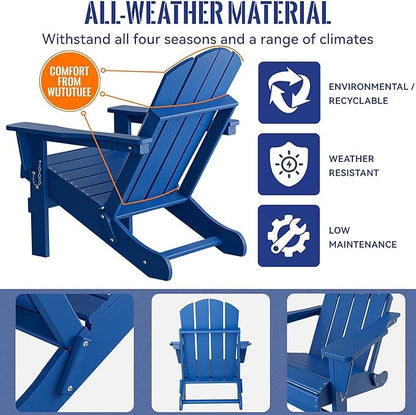 Folding Adirondack Chair, All-Weather Fire Pit Chairs, Oversized All Weather Resistant Outdoor Adirondack Chair for Firepit Area BBQ Beach Deck Garden Lawn Backyard Pool (Navy Blue)
