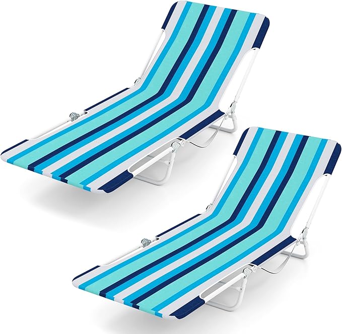 GYMAX Tanning Chair, 2Pcs Folding Beach Chairs with Adjustable Backrest, Footrest, 330lbs Capacity & Shoulder Strap, Portable Layout Sunbathing Loungers for Outside, Patio, Poolside (Blue Stripe)