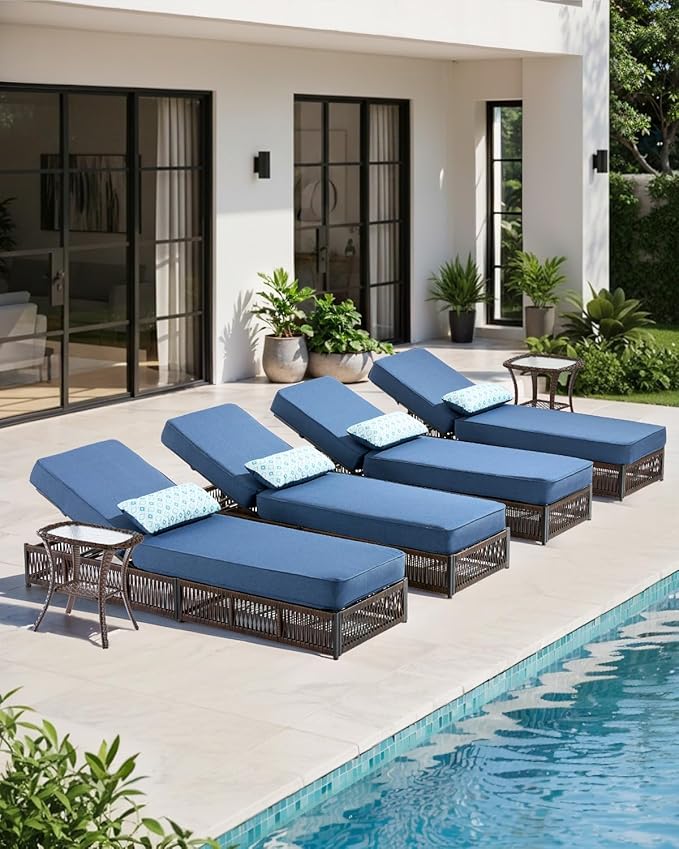 Luxury Outdoor Chaise Lounges with 5 Inch Thickened Cushions - Set of 4 High Back Brown Wicker Patio Recliners Rattan - Photo 6
