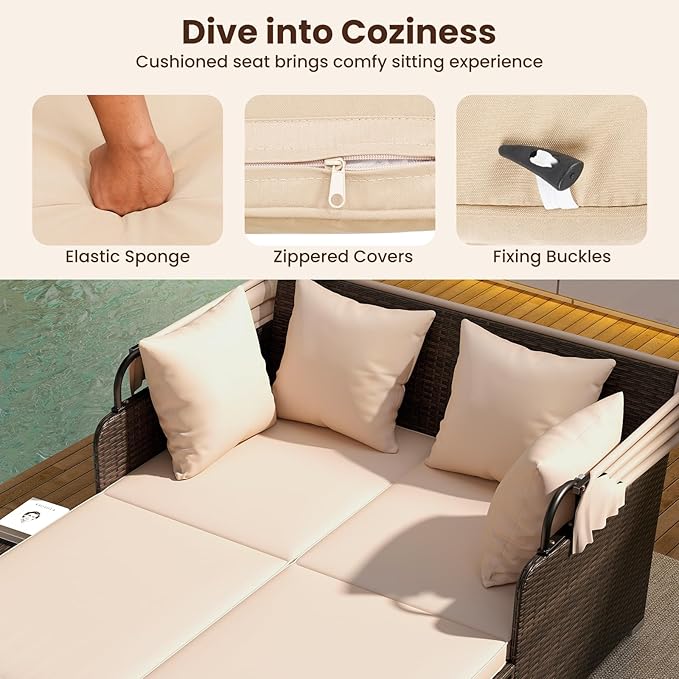 ORALNER Outdoor Daybed, 2-Person Wicker Patio Sofa with Retractable Canopy, Cushions & Pillows, 2 Side Trays - Photo 4
