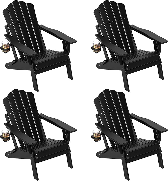 FOOWIN HDPE Adjustable Adirondack Chair Set of 4, 400lbs Heavy Duty Folding Patio Chairs with Cup Holder, 3-Position Reclining Fire Pit Seating, All-Weather Poly Lumber for Backyard, Deck - Black