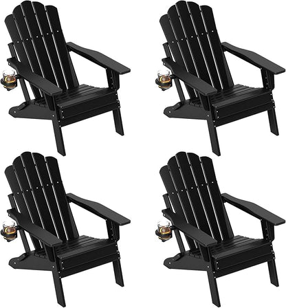 FOOWIN HDPE Adjustable Adirondack Chair Set of 4, 400lbs Heavy Duty Folding Patio Chairs with Cup Holder, 3-Position Reclining Fire Pit Seating, All-Weather Poly Lumber for Backyard, Deck - Black