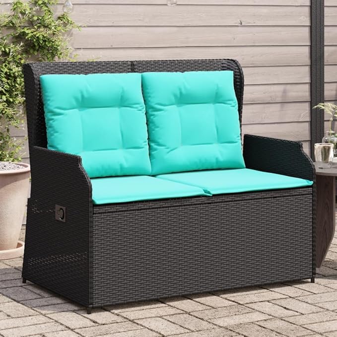 2-Seater Reclining Patio Bench with Cushions, Outdoor Synthetic Poly Rattan Loveseat with Adjustable Backrest - Photo 1