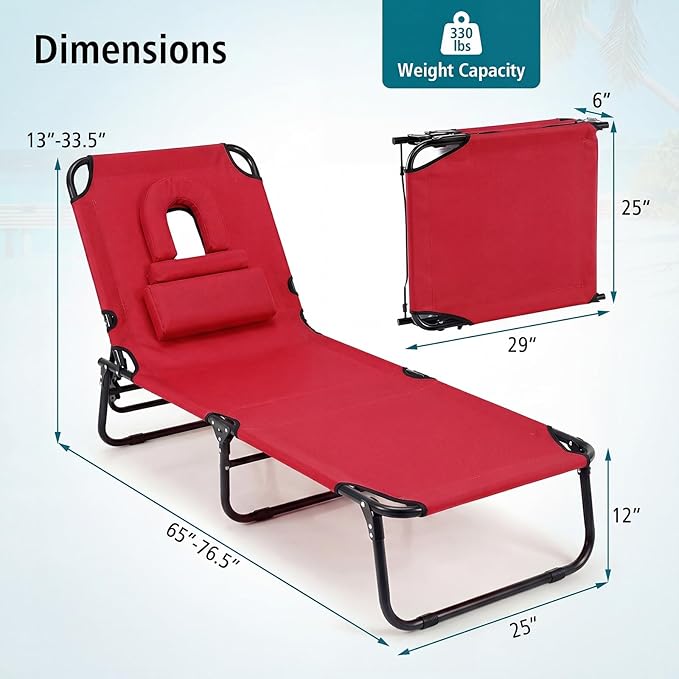 GYMAX Tanning Chair, Folding Lounge Chairs with Face Hole & Cover, Removable Pillow Carry Handle, Portable Compact Outdoor Layout Recliner for Beach, Poolside, Lawn, Patio, Camping (Red,1)