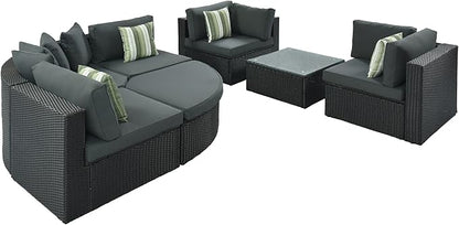 Quarte 7 Piece Outdoor Patio Furniture Sofa Sets,All Weather Rattan Conversation Sofa Set with Striped Green Pillows/Tempered Glass Coffee Table for Garden, Deck
