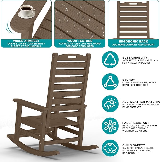 PLUUV Outdoor Rocking Chair with Removable Footboard for Adults, HDPE High Back Patio Rocking Chairs, 330lbs All Weather Porch Rocking Chairs for Outdoor & Indoor -Brown