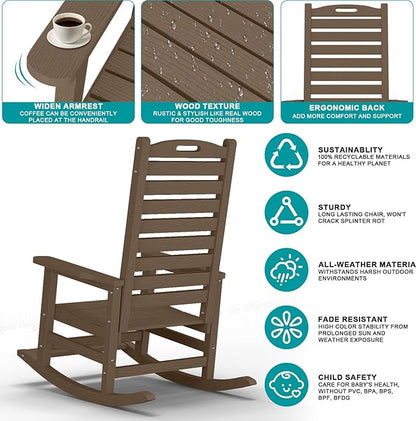 PLUUV Outdoor Rocking Chair with Removable Footboard for Adults, HDPE High Back Patio Rocking Chairs, 330lbs All Weather Porch Rocking Chairs for Outdoor & Indoor -Brown
