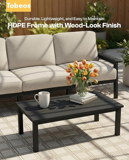 HDPE Patio Furniture Set 8 Seats, Outdoor Couch with Washable Thick Beige Cushions & Side Table, Outdoor Sectional Furniture for Backyard, Deck, Lawn, Porch (Black Frame)