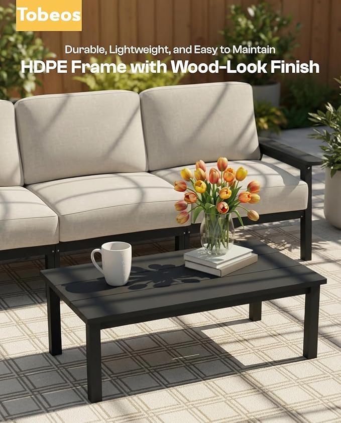 HDPE Patio Furniture Set 10 Seats, Outdoor Couch with Washable Thick Beige Cushions & Coffee Table & Side Table, Outdoor Sectional Furniture for Backyard, Deck, Lawn, Porch (Black Frame)